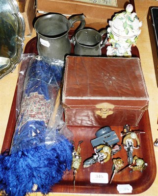 Lot 345 - Five Elastolin figures of World War II soldiers, pewter, parasol and a porcelain incense vase