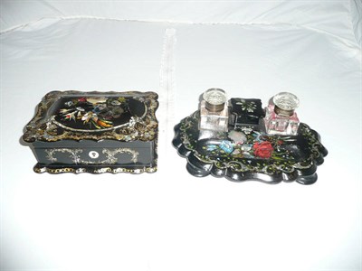 Lot 351 - A mother of pearl inlaid and painted black papier mache ink stand with two glass ink pots and a...