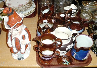 Lot 356 - Collection of copper lustre jugs etc, silver lustre jug, black and white moulded jug and a...