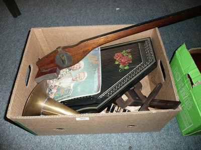 Lot 363 - A photo frame, zither, stereo viewer with slides, telescope and opera glasses