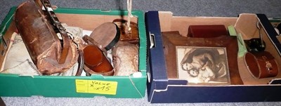 Lot 364 - Three boxes of collectables, candlesticks, linen, hat etc