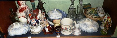 Lot 373 - A shelf of Staffordshire blue and white, miscellaneous china and glass decanters