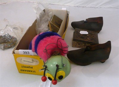 Lot 393 - Pair of Victorian clogs, chain mail purse, play cards, Pelham puppet, etc