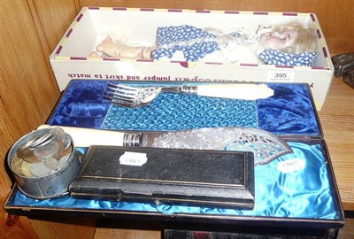 Lot 395 - German bisque doll, fish servers, coins, postcards, etc