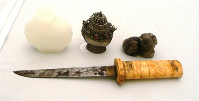 Lot 405 - Jade carving, two snuff bottles and a Japanese dagger