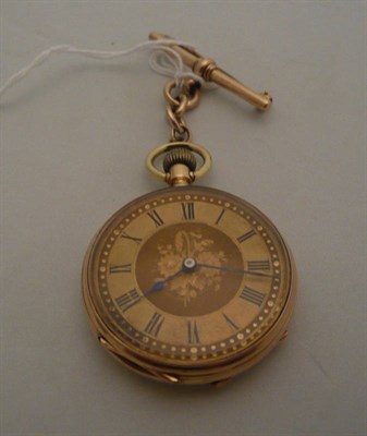 Lot 408 - A continental gold open faced top-wind pocket watch with 9 carat gold fob brooch