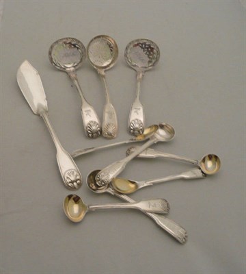 Lot 415 - A caster ladle, four salts, two mustards, a butter knife and two plated caster ladles