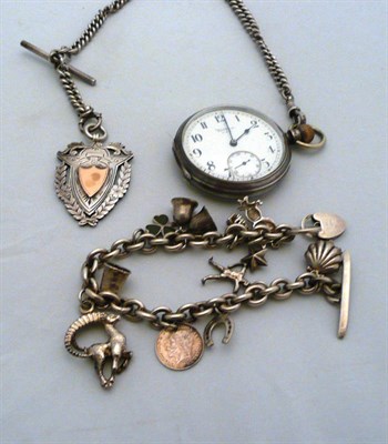 Lot 416 - Silver-cased pocket watch and chain and a charm bracelet