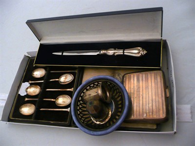 Lot 419 - Six silver teaspoons, silver condiments, silver and enamel dish, silver cigarette case, etc