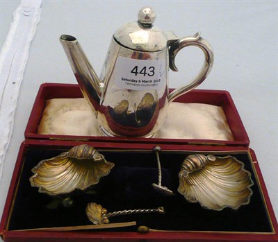 Lot 443 - Pair of silver shell salts with spoons and a miniature coffee pot