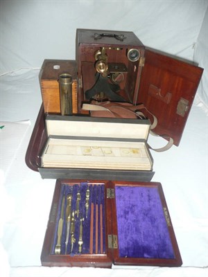 Lot 444 - Microscope, quantity slides, box camera, drawing set, photo negatives