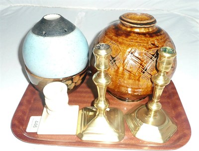 Lot 446 - Two brass candlesticks, an ivory candlestick and three pieces of Studio pottery