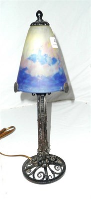 Lot 490 - Deque? 'conical' art glass lamp, mottled blue