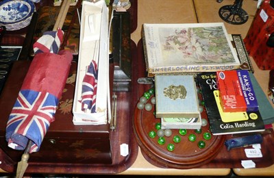 Lot 492 - Two trays including lacquered boxes, solitaire board, playing cards, chess pieces, dominoes and...