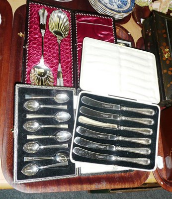 Lot 496 - Set of twelve silver teaspoons and tongs cased, eight egg spoons cased, six fruit knives cased...