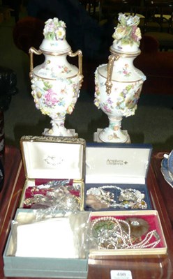 Lot 498 - Pair of continental flower encrusted vases with covers (a.f.) and four boxes of costume...