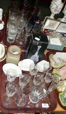 Lot 499 - Two trays including ruby flash decanters, blue tinted glass decanter, drinking glasses etc