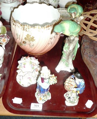 Lot 501 - Tray including pair of Samson figures, flower encrusted cottage ornament, pair of continental...