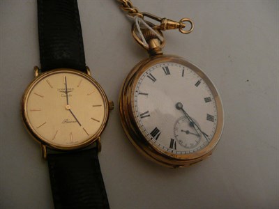 Lot 514 - A plated pocket watch and a gentleman's plated wristwatch signed Longines with case