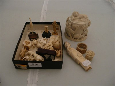 Lot 516 - Ivory trinket box and cover, quantity of ivory and other figures and carvings