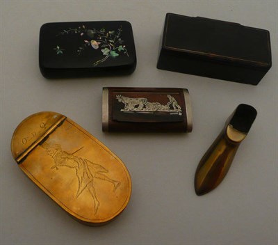 Lot 518 - A Georgian brass snuff box engraved with "Old Q", a brass shoe shaped snuff box, a...