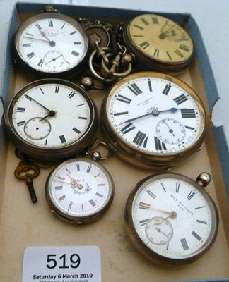 Lot 519 - Four silver pocket watches, lady's fob watch and an eight day watch