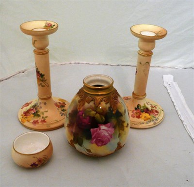 Lot 543 - Pair of Royal Worcester candlesticks, rose decorated vase, small pot (4)