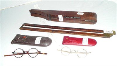 Lot 545 - Two pairs spectacles, mahogany folding table boot jack and 19th century folding rule