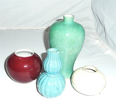 Lot 548 - Green Meiping vase, blue moulded turquoise vase, liver red water pot and another