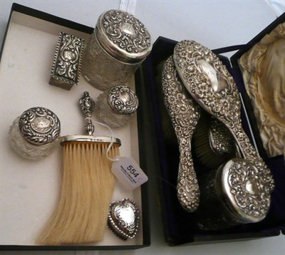 Lot 554 - Silver dressing table set (cased), five silver-topped bottles, heart-shaped pill box and brush