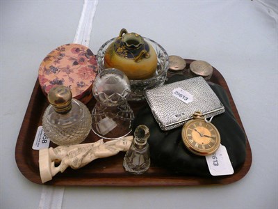 Lot 558 - Silver card case Samson Morden, small teddy bear, gold plate watch, two scent bottles, spoons etc