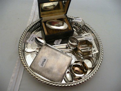 Lot 559 - Six silver teaspoons, cigarette case, five napkin rings, plated tray etc