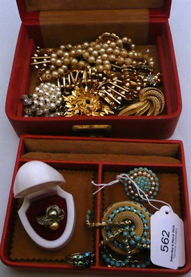 Lot 562 - A box of costume jewellery including faux turquoise-set pieces, a 'Hollywood' brooch and a pair...