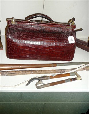 Lot 572 - Gladstone bag, two beagling whips, copper coaching horn, Japanned caddy, two snuff boxes, coins etc