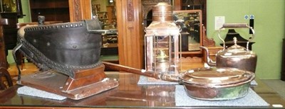 Lot 582 - Bellows, copper lantern, kettle and bed warming pan