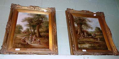 Lot 610 - Pair of oil paintings by Leslie Davis, children on a country path, children on a see-saw