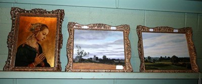 Lot 613 - Small floral print, two modern landscape oils, modern print/icon and a mahogany framed mirror (5)