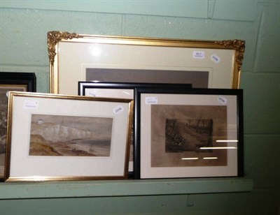 Lot 617 - F Tucker, watercolour of Whitby, watercolour of a coastal scene and two prints