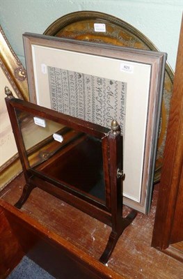 Lot 621 - Toilet mirror, brass table top, sampler and a silk panel