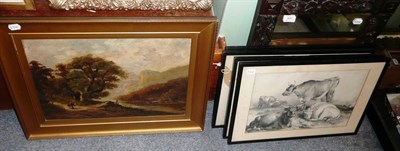 Lot 637 - Set of four prints after T S Cooper, oil of a river landscape and a carved mirror frame (6)