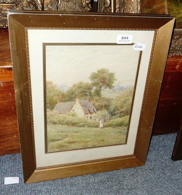 Lot 644 - Watercolour - landscape with thatched cottage and figures, bears false Helen Allingham signature