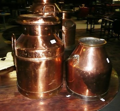 Lot 813 - Copper and brass milk pail and a copper milk churn named ? Aplin & Barrett