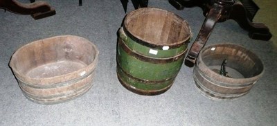 Lot 817 - Two oval planters of staved construction, wooden barrel and a metal foot scraper