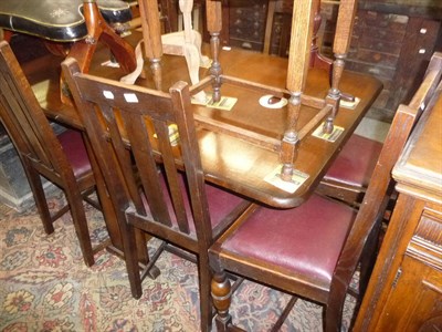 Lot 842 - Drop leaf table, six dining chairs, rush seated chair, camel stool, wig stand, wine table,...