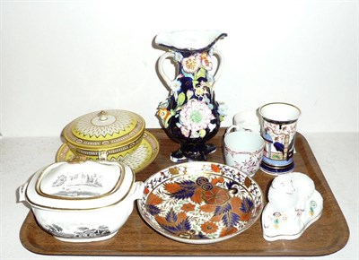 Lot 18 - Tray of 19th century decorative ceramics including a Pinkston coffee can