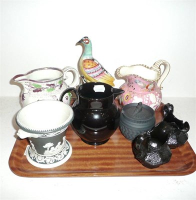 Lot 25 - Tray of 19th century jugs and a Staffordshire bird
