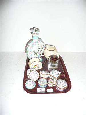 Lot 33 - Continental flower-encrusted bottle with stopper, inkstand, eight assorted enamel and china...