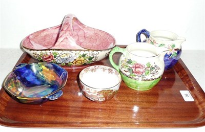 Lot 36 - Maling basket, two small Maling jugs, Maling sugar bowl and a Maling twin-handled dish