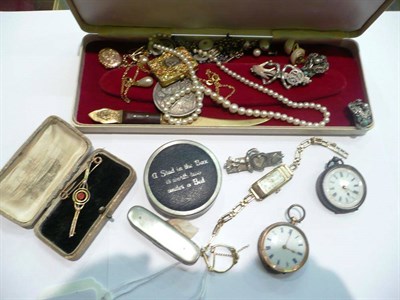 Lot 54 - A 9 carat gold lady's wristwatch, a pair of sardonyx cuff-links, two pocket watches, bar...