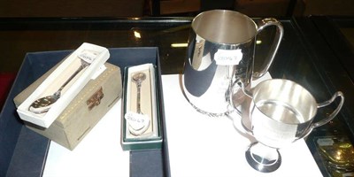 Lot 59 - Plated mug 1972, plated trophy cup, silver and enamelled hairbrush and comb (cased), one silver and